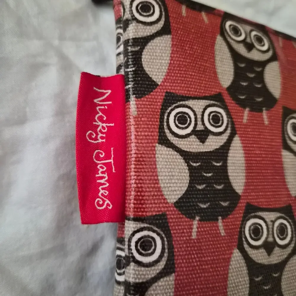 Nicky James London Owl Print Makeup Bag Red Canvas Cosmetic Pouch Case